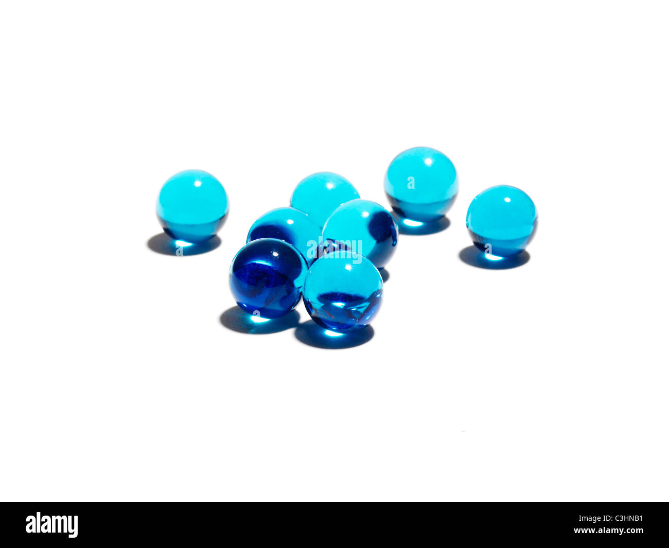 Acht blauen Glaskugeln Stockfoto