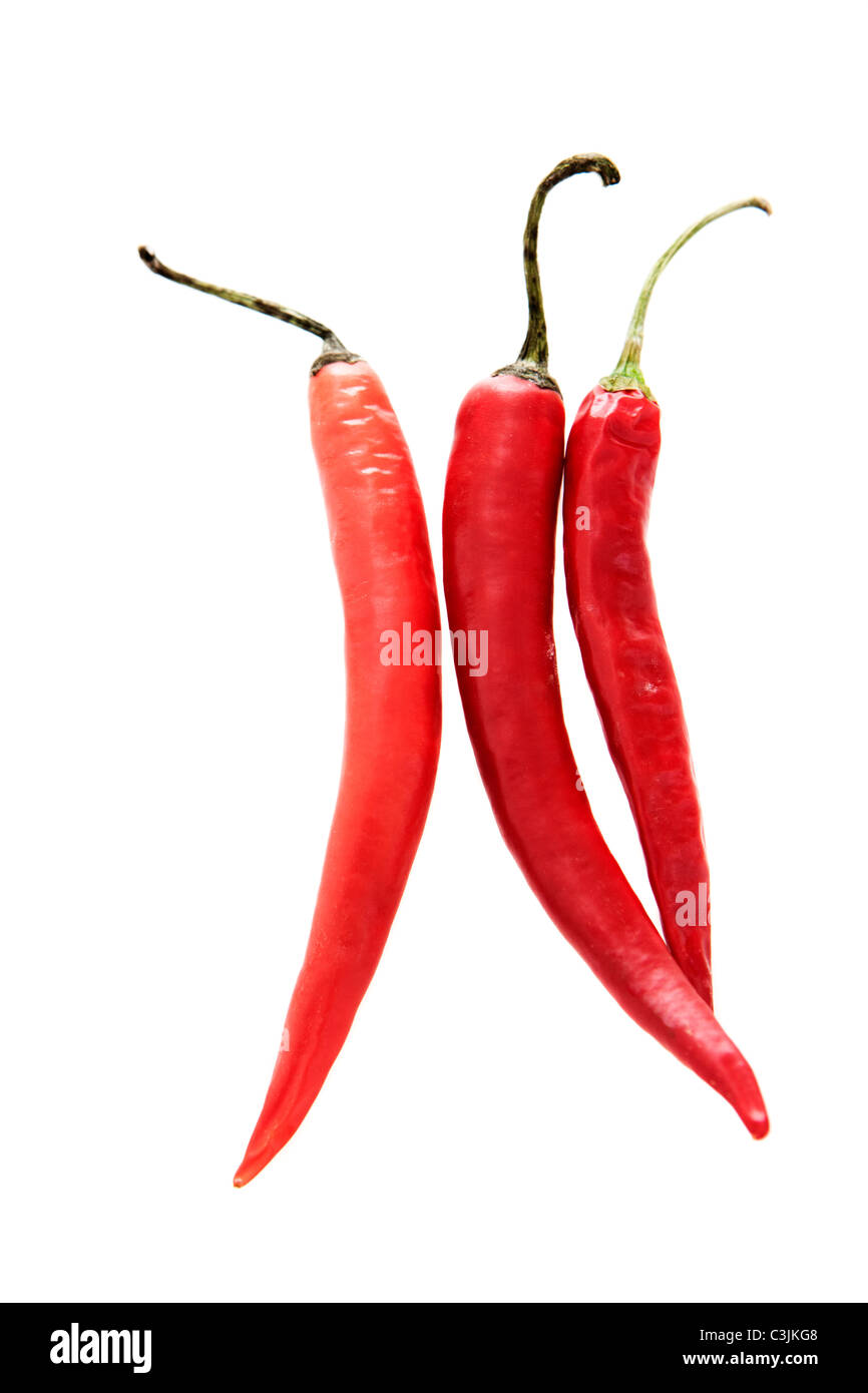 Drei rote Chillies vor weißem Hintergrund, Nahaufnahme Stockfoto