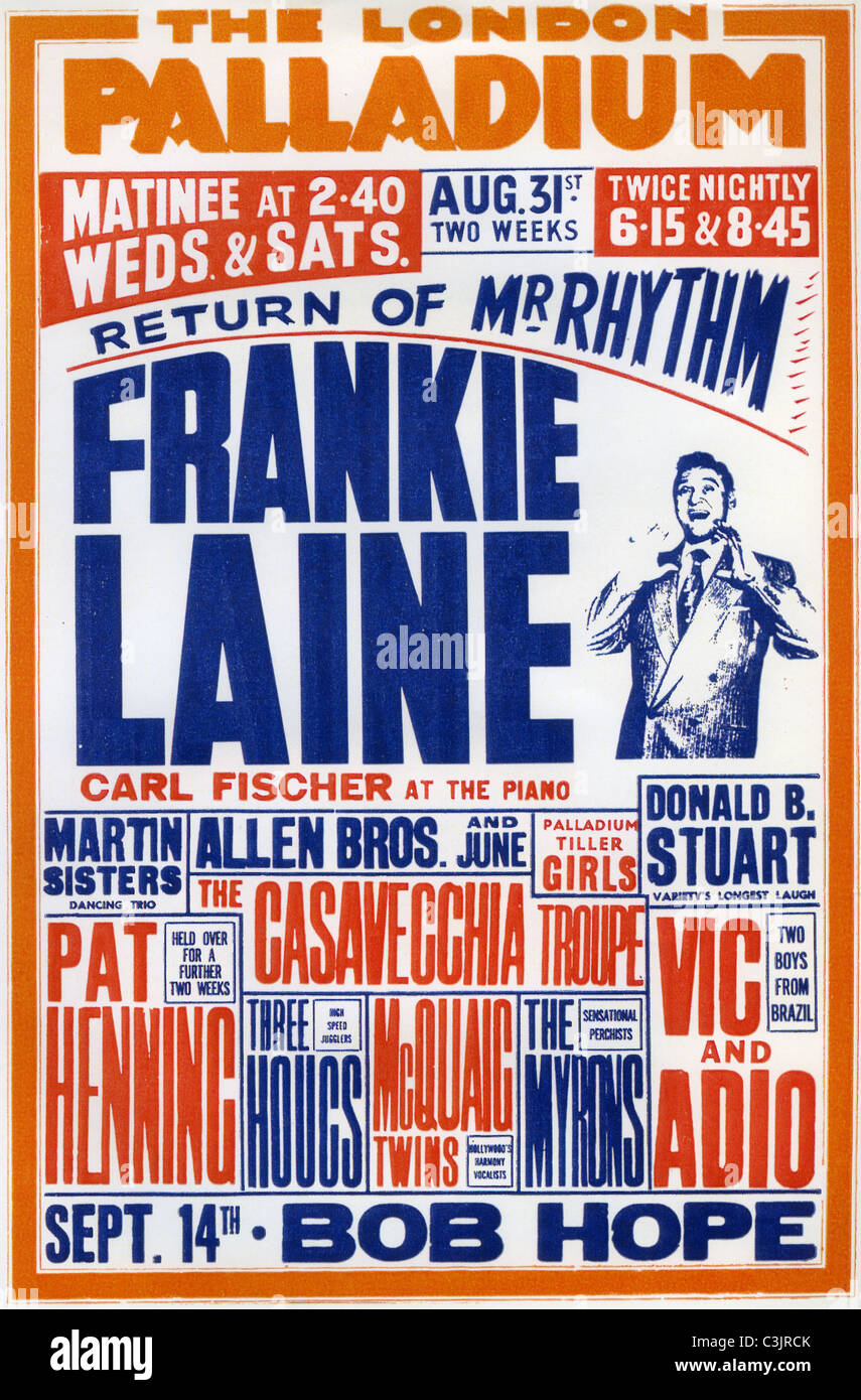 FRANKIE LAINE (1913 – 2007) US-Sänger, Songschreiber und Filmschauspieler. Plakat für den Auftritt im Londoner Palladium in der 1950er Jahre Stockfoto