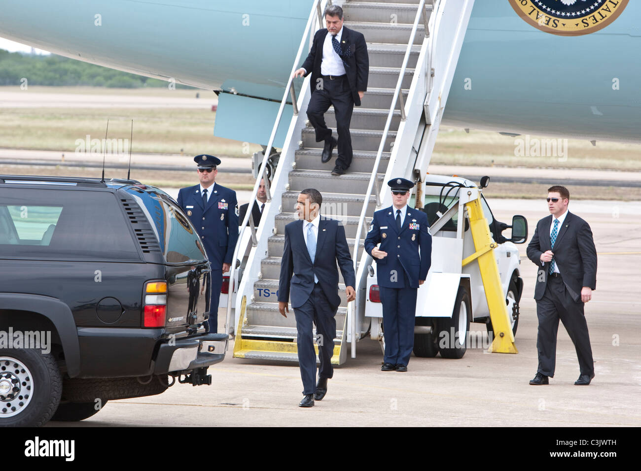 Air Force One, mit dem Präsidenten der Vereinigten Staaten, US Air Force-Jet landet in Austin Texas USA Stockfoto