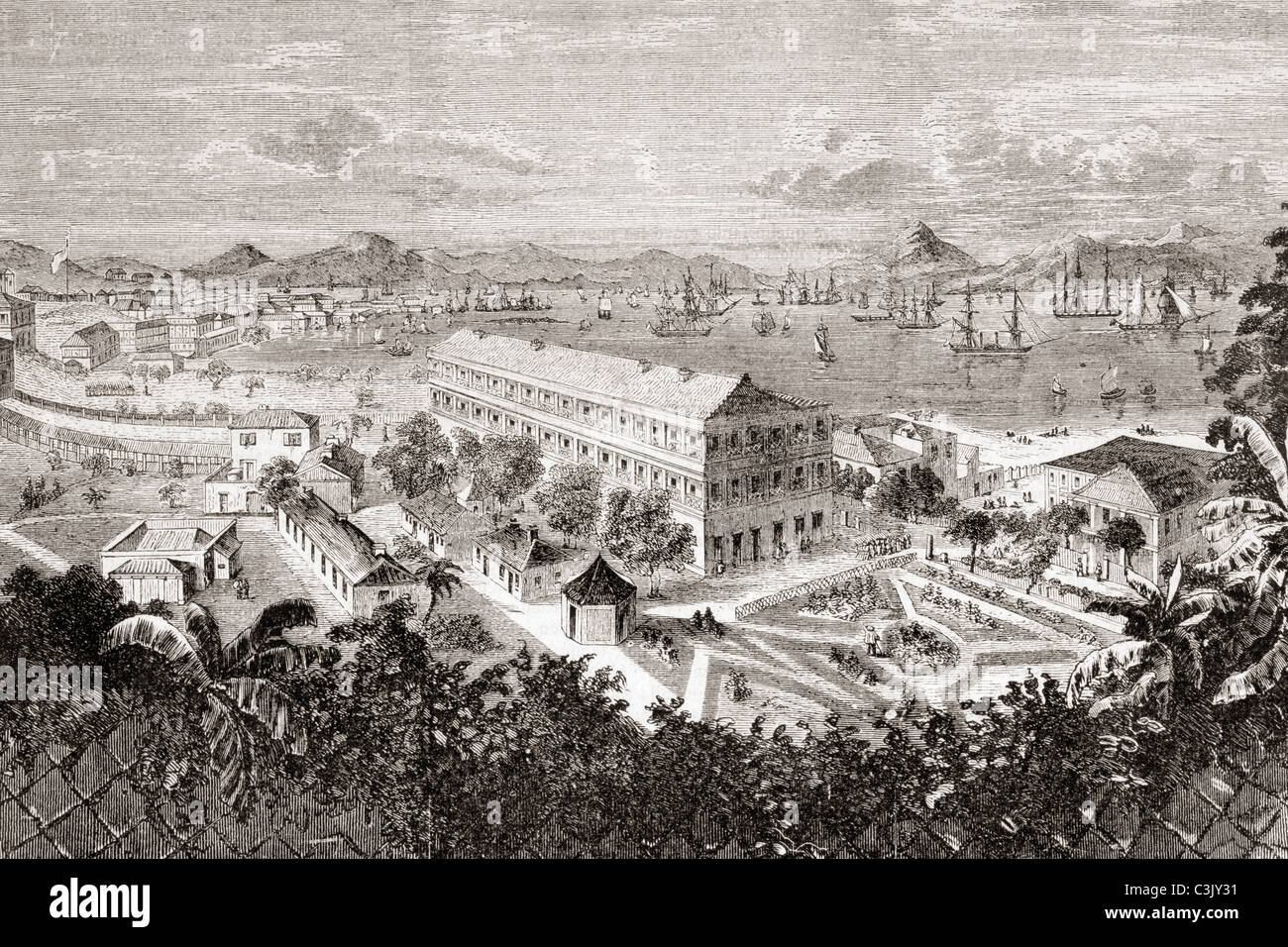 Blick auf Hong Kong und den Hafen in den 1850er Jahren. Von l ' Univers Illustre veröffentlicht Paris 1858. Stockfoto