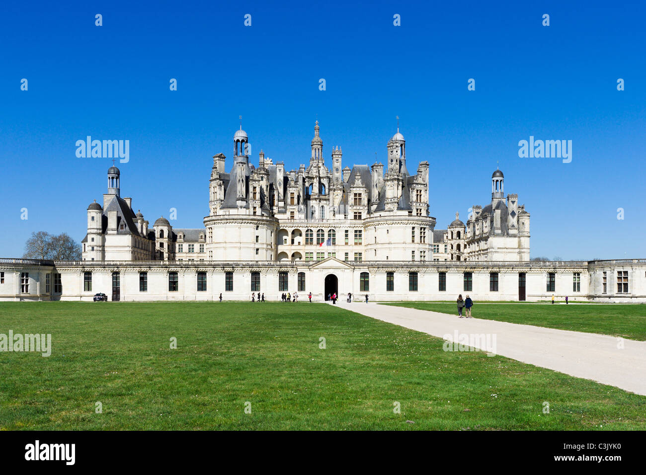 Die Süd-Ost-Fassade des Chateau de Chambord, Val de Loire, Touraine, Frankreich Stockfoto