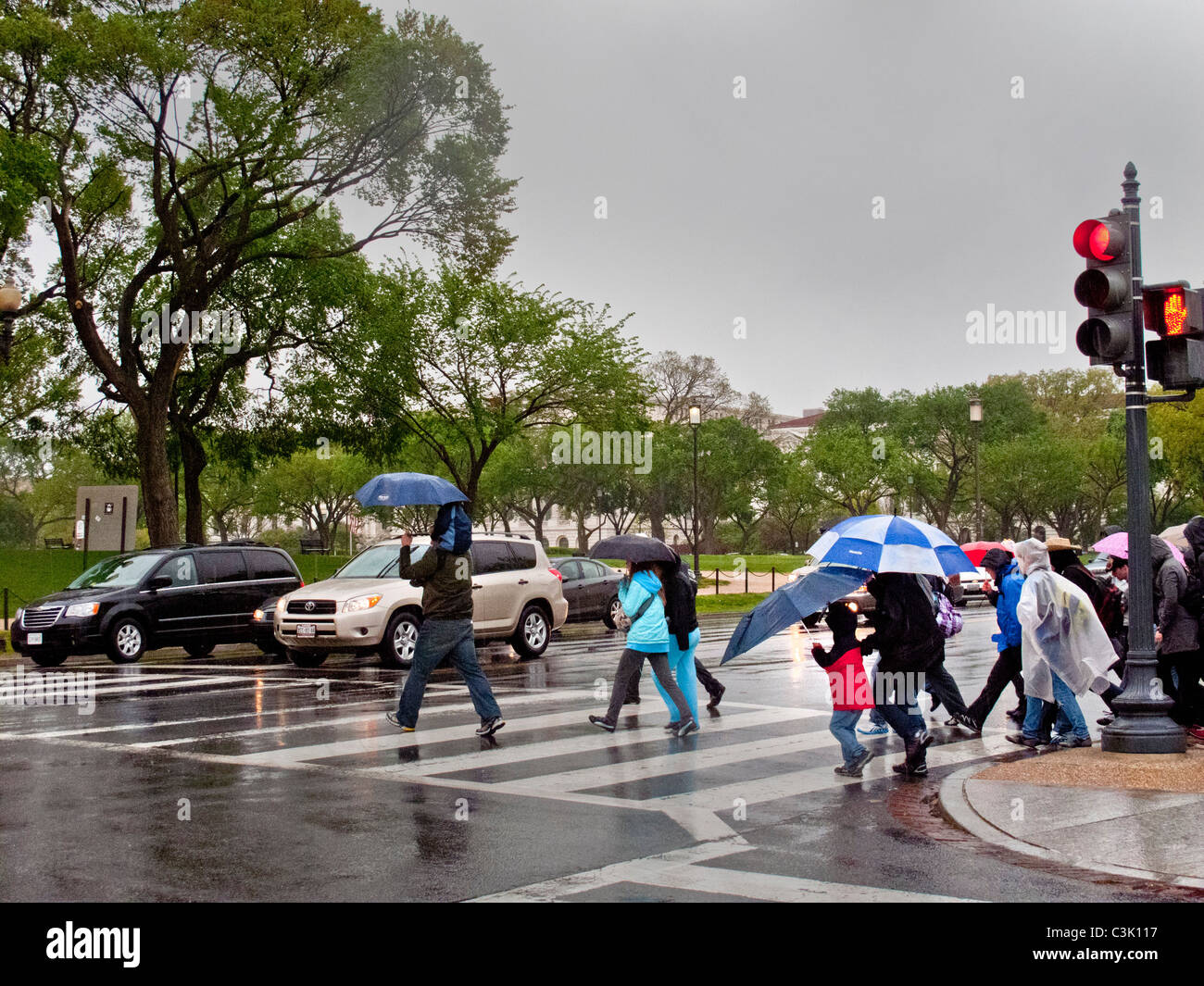 Mit Regenjacken und Schirme, folgen Sie Touristen eine Anleitung an einem regnerischen Tag auf der National Mall in Washington, D.C. Stockfoto