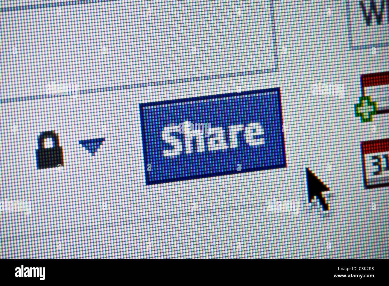 Nahaufnahme der Facebook Share-Taste. (Nur zur redaktionellen Verwendung: print, TV, e-Book und redaktionelle Webseite). Stockfoto