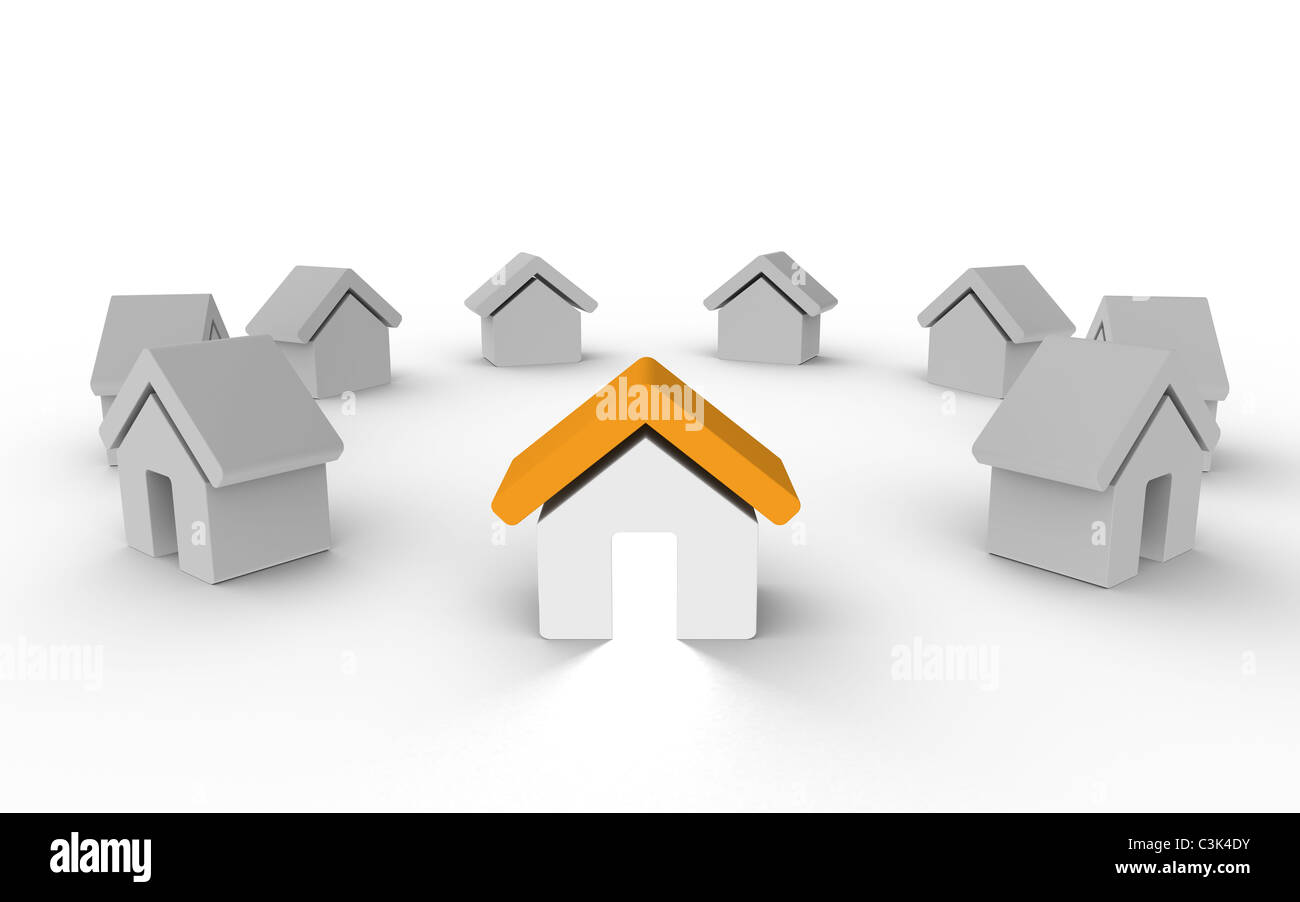 Kreis von Häusern. Ein Haus-Orange und mit Licht, das aus der Tür. Stockfoto