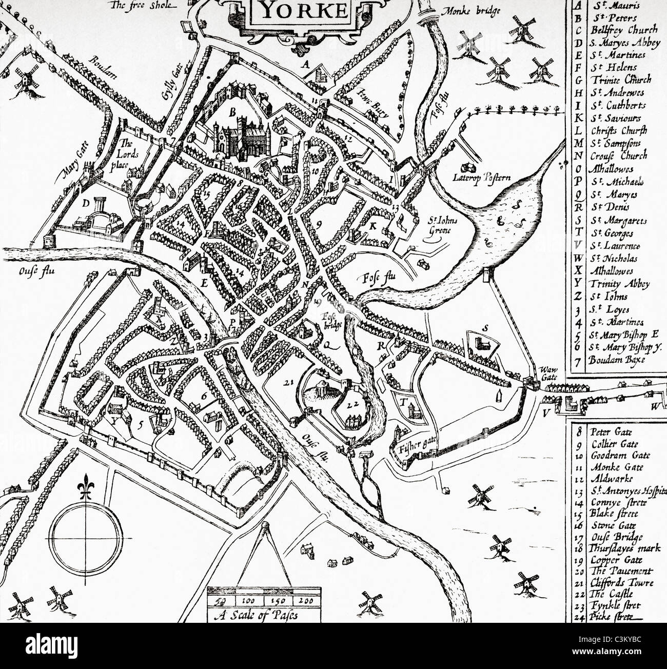 Ein Plan der Stadt York, Yorkshire, England zu Beginn des 17. Jahrhunderts. Stockfoto