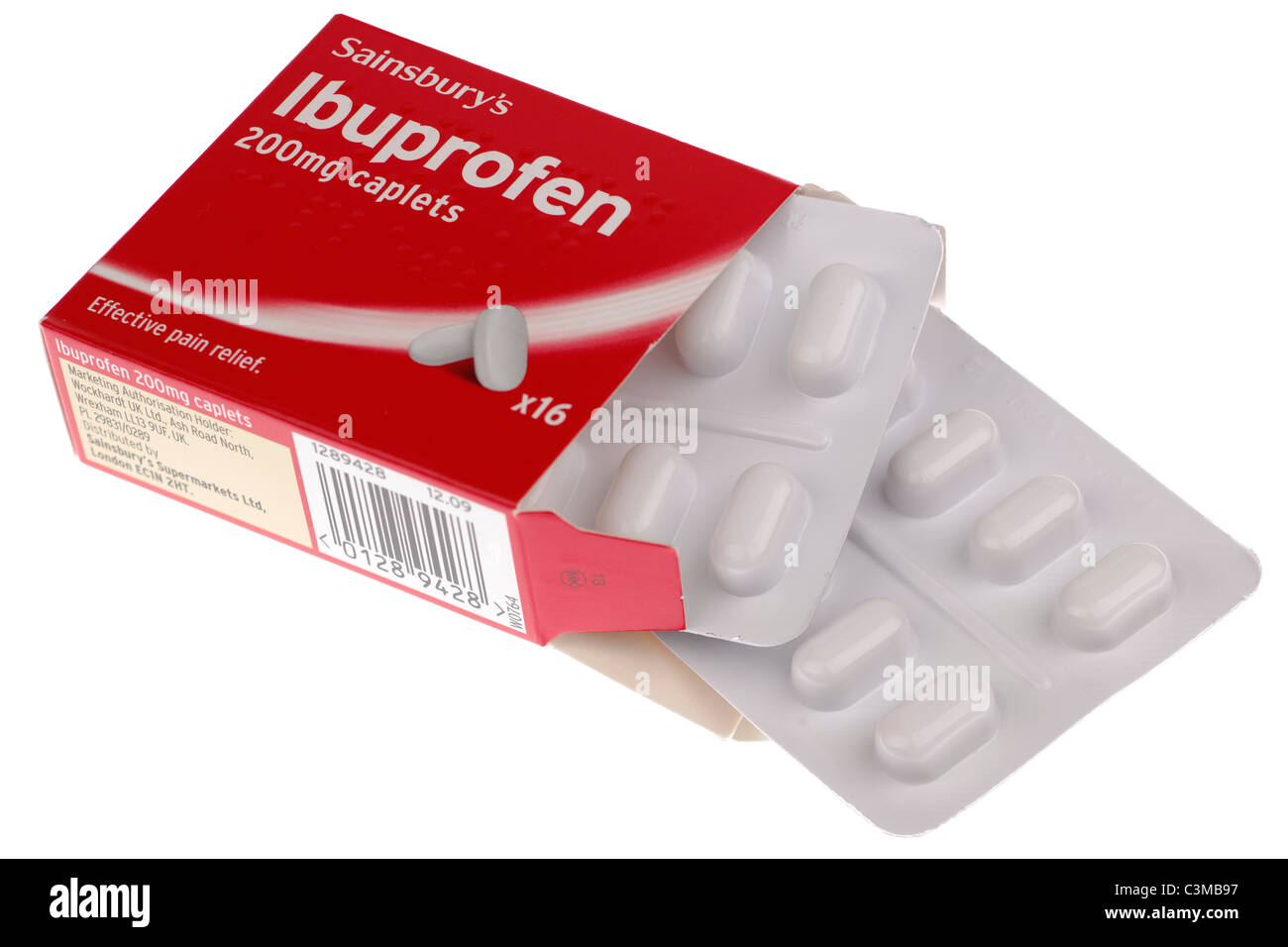 Geöffnete Packung 16 Sainsburys Ibuprofen 200mg Kapseln Stockfoto