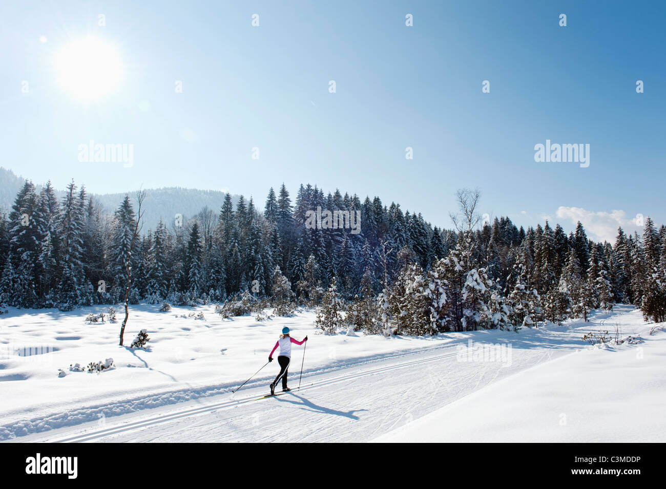 Deutschland, Bayern, Aschermoos, Senior Frau tun, Ski-Langlauf Stockfoto