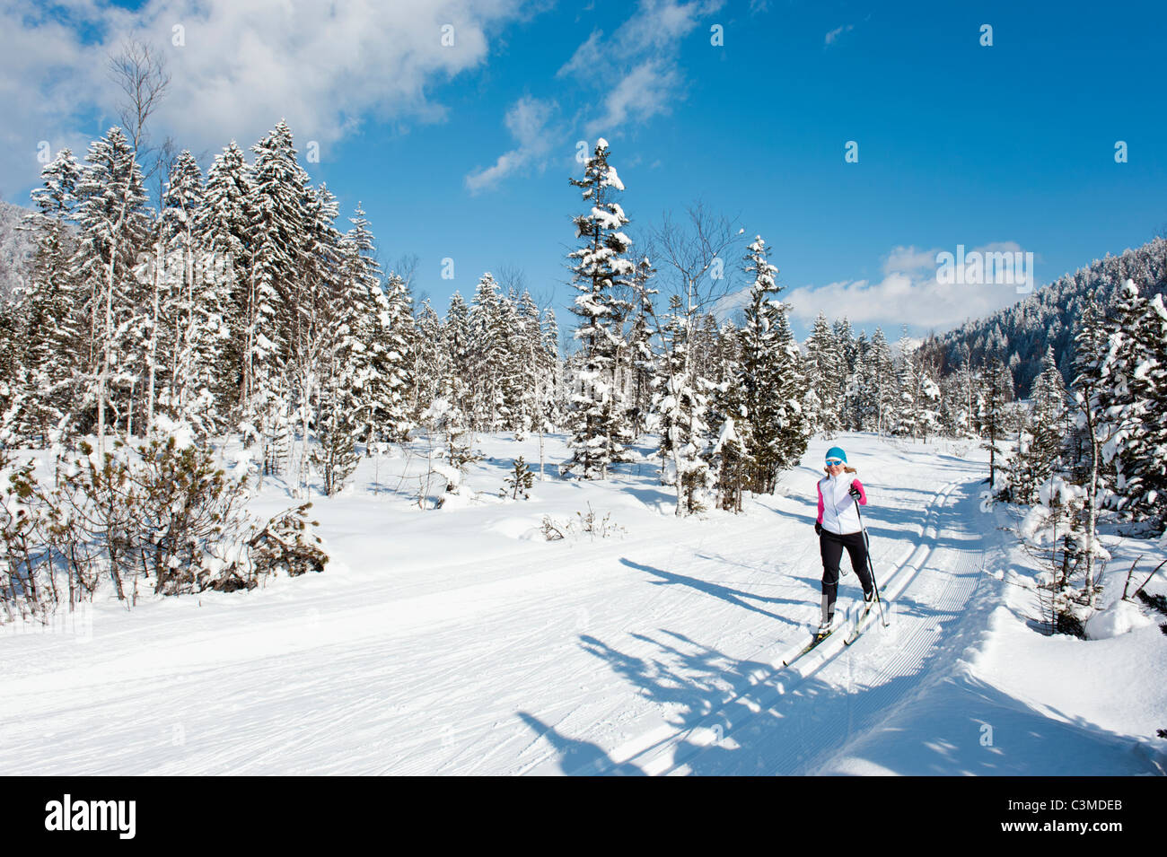 Deutschland, Bayern, Aschermoos, Senior Frau tun, Ski-Langlauf Stockfoto