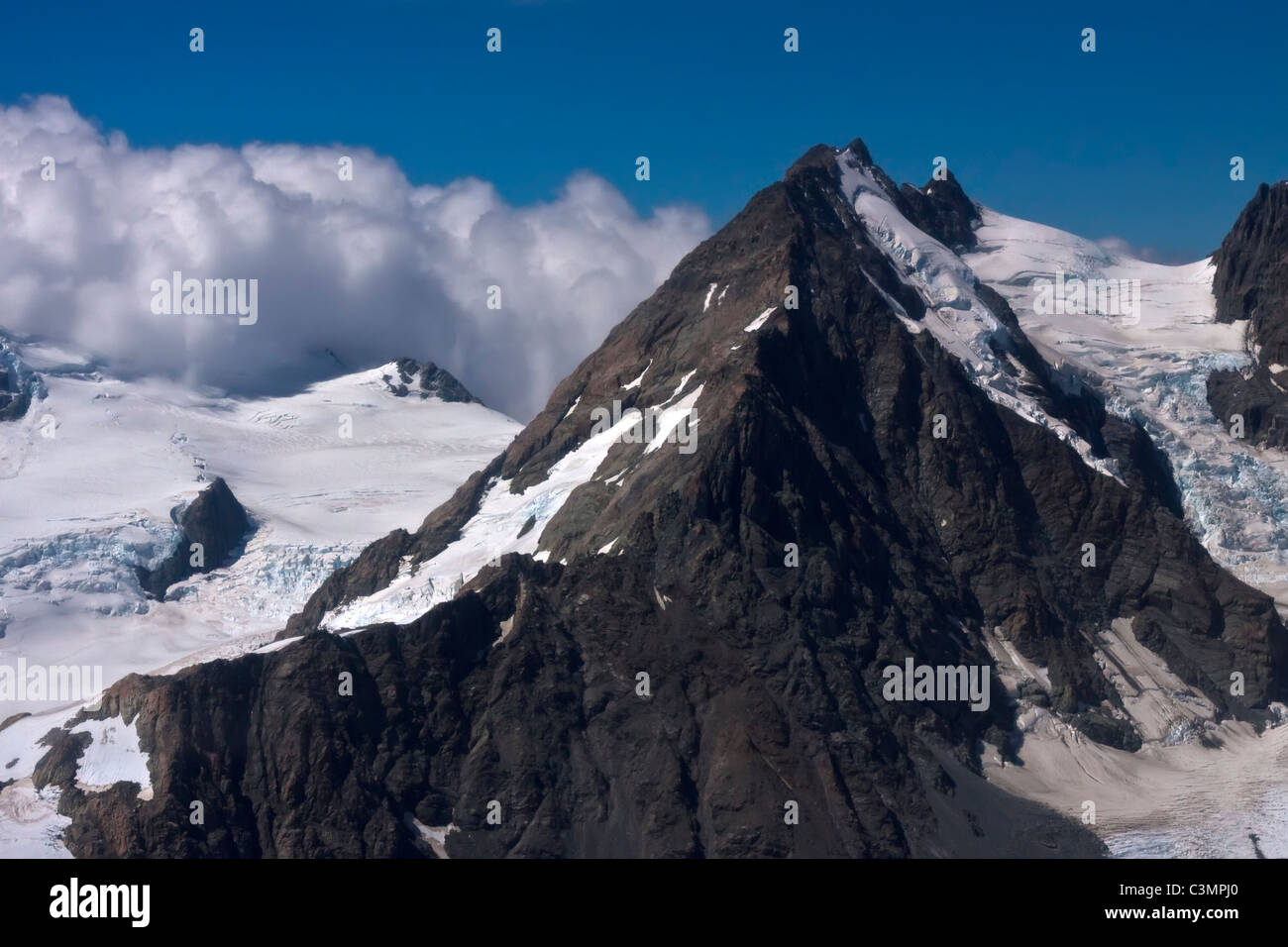 Mount Cook und Gletscher. Südalpen, West Coast, Südinsel, Neuseeland. Stockfoto