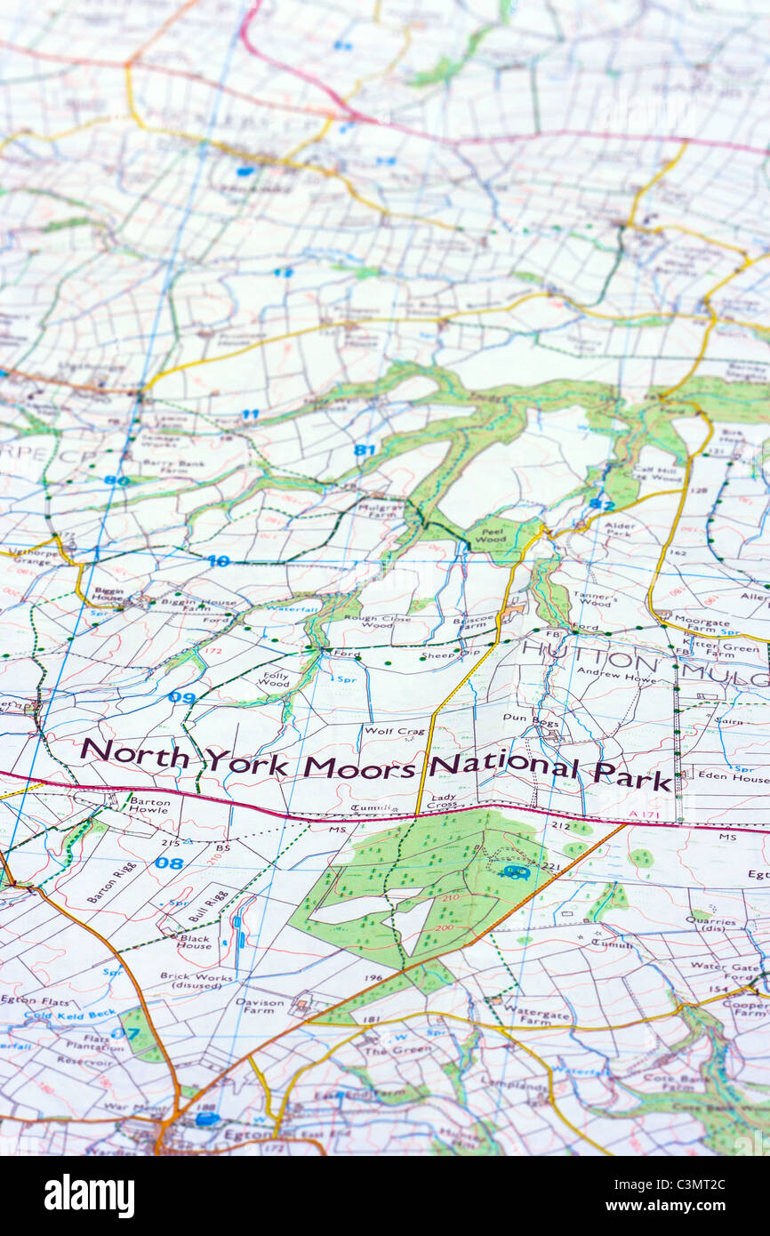 Karte von North Yorkshire Moors Nationalpark mit dem Namen des Parks im Fokus und in Fett Stockfoto