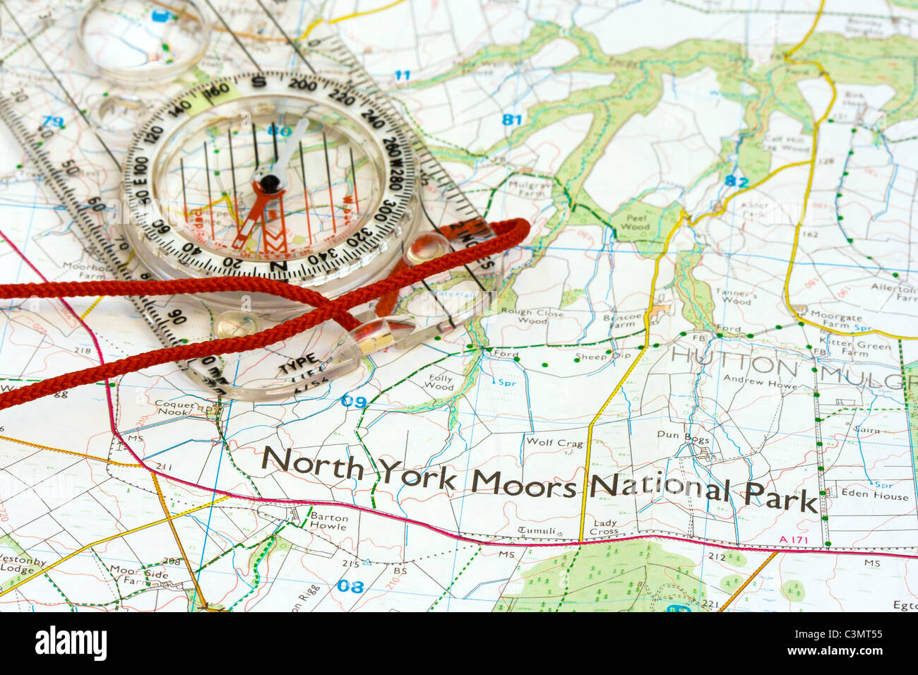 Karte von North Yorkshire Moors Nationalpark mit Namen des Parks im Fokus und Fett mit einem Kompass Stockfoto