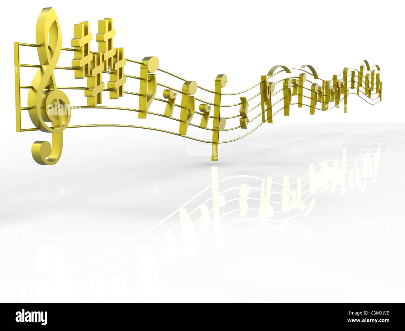 3D-Rendering des goldenen Musiknoten auf weißem Hintergrund Stockfoto