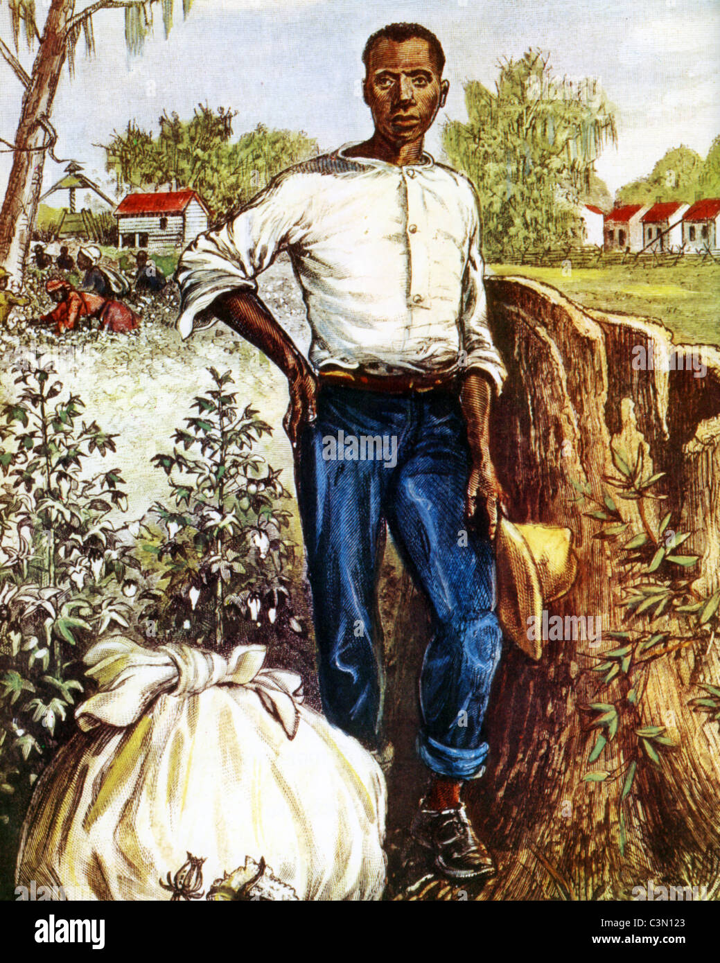 Sklaverei etwas idealisiertes Porträt von Sklaven auf Baumwollfarm im Süden der USA mit attraktiven Gehäuse hinter Stockfoto
