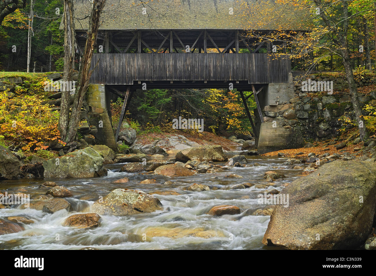 Überdachte Brücke in New England North Woods Stockfoto