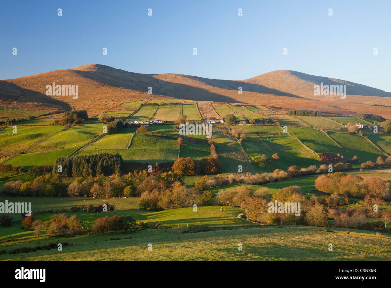 Sawel und Dart Berge erheben sich über Glenelly Tal, Sperrin Mountains im County Tyrone, Nordirland. Stockfoto
