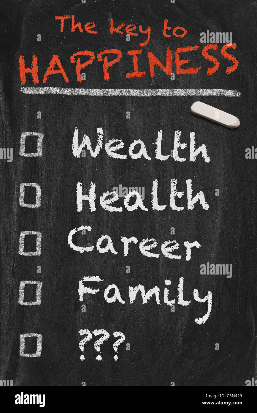 Hochauflösende schwarze Tafel Bild mit to do-Liste für das Streben nach Glück. Konzeptionelle Darstellung. Stockfoto