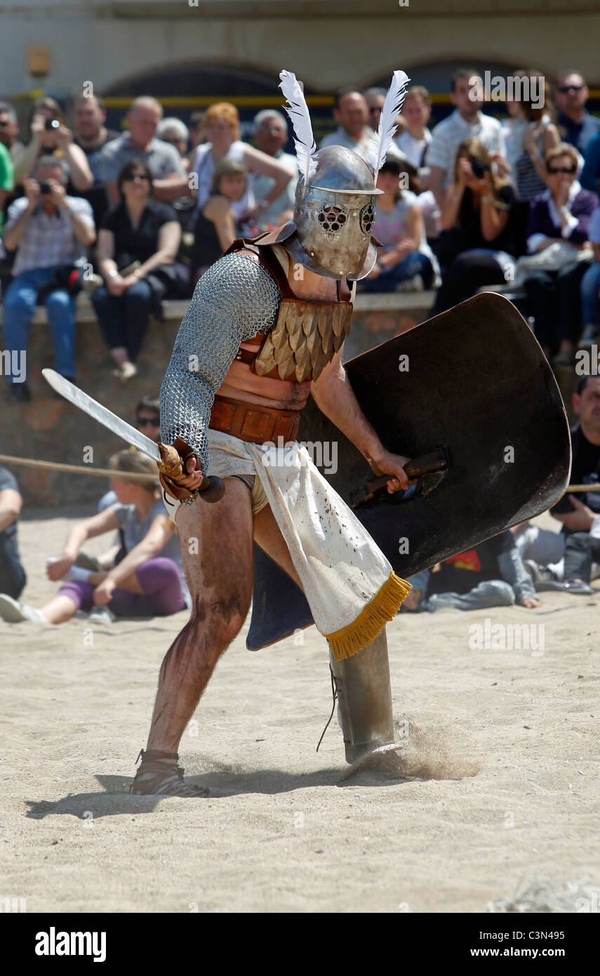 Gladiator kämpfen an der griechischen und römischen Festival in l ' Escala, Spanien Stockfoto