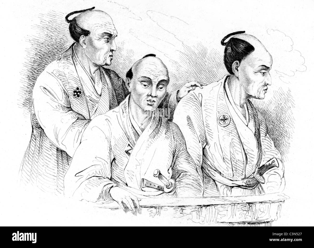 Porträts der Japaner im 19. Jahrhundert auf Gravur von 1834. Gestochen von Beyer nach Zeichnungen von Louis Auguste de Sainson. Stockfoto