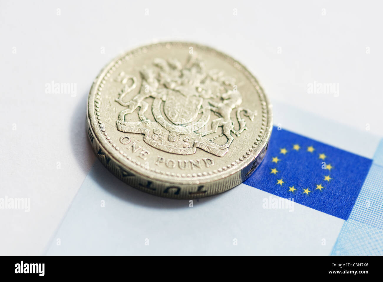 Britische Pfund-Münze auf einer Euro-Banknote Stockfoto