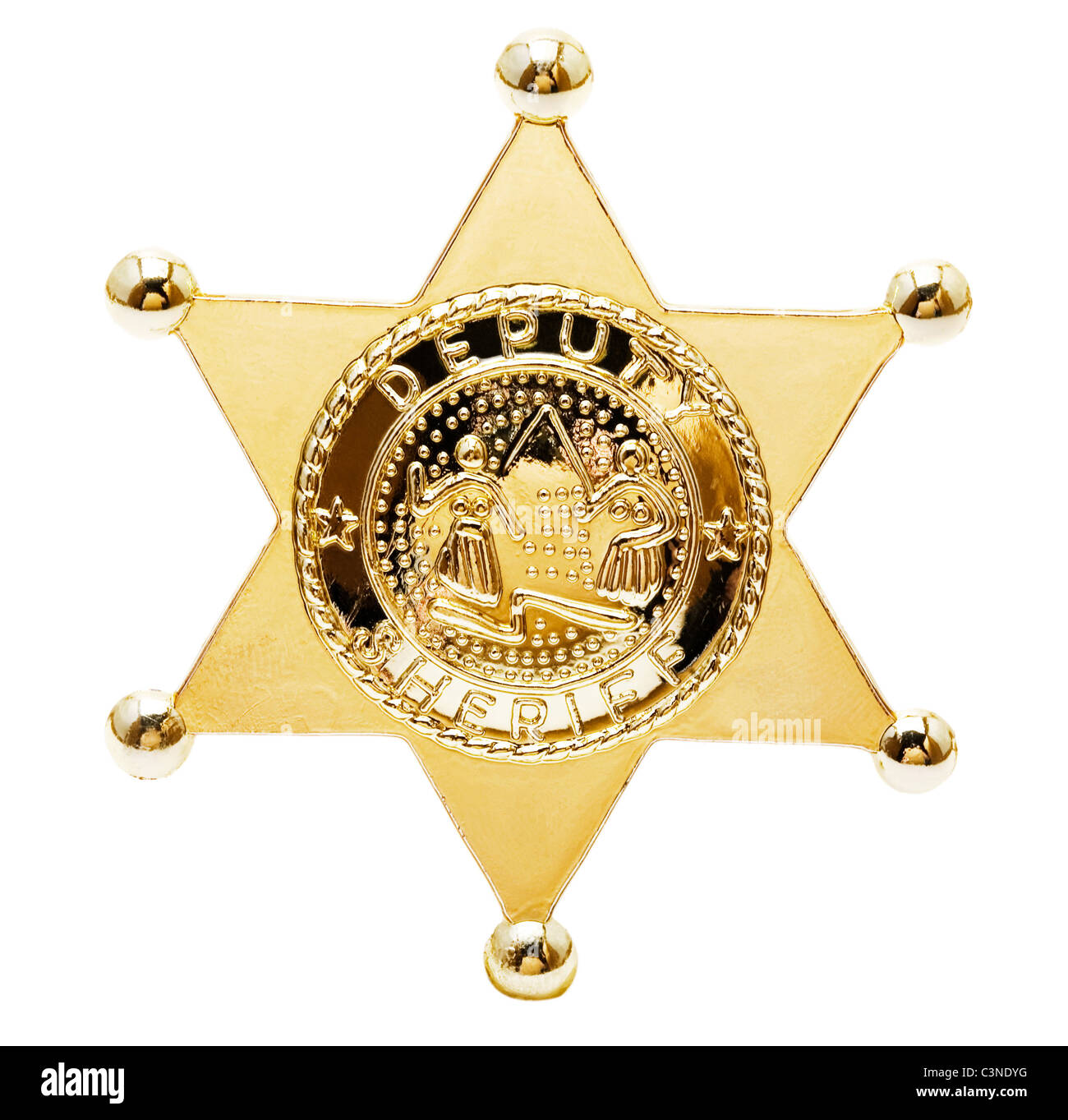 Nahaufnahme eines Sheriff Sterns isoliert auf weiß Stockfoto