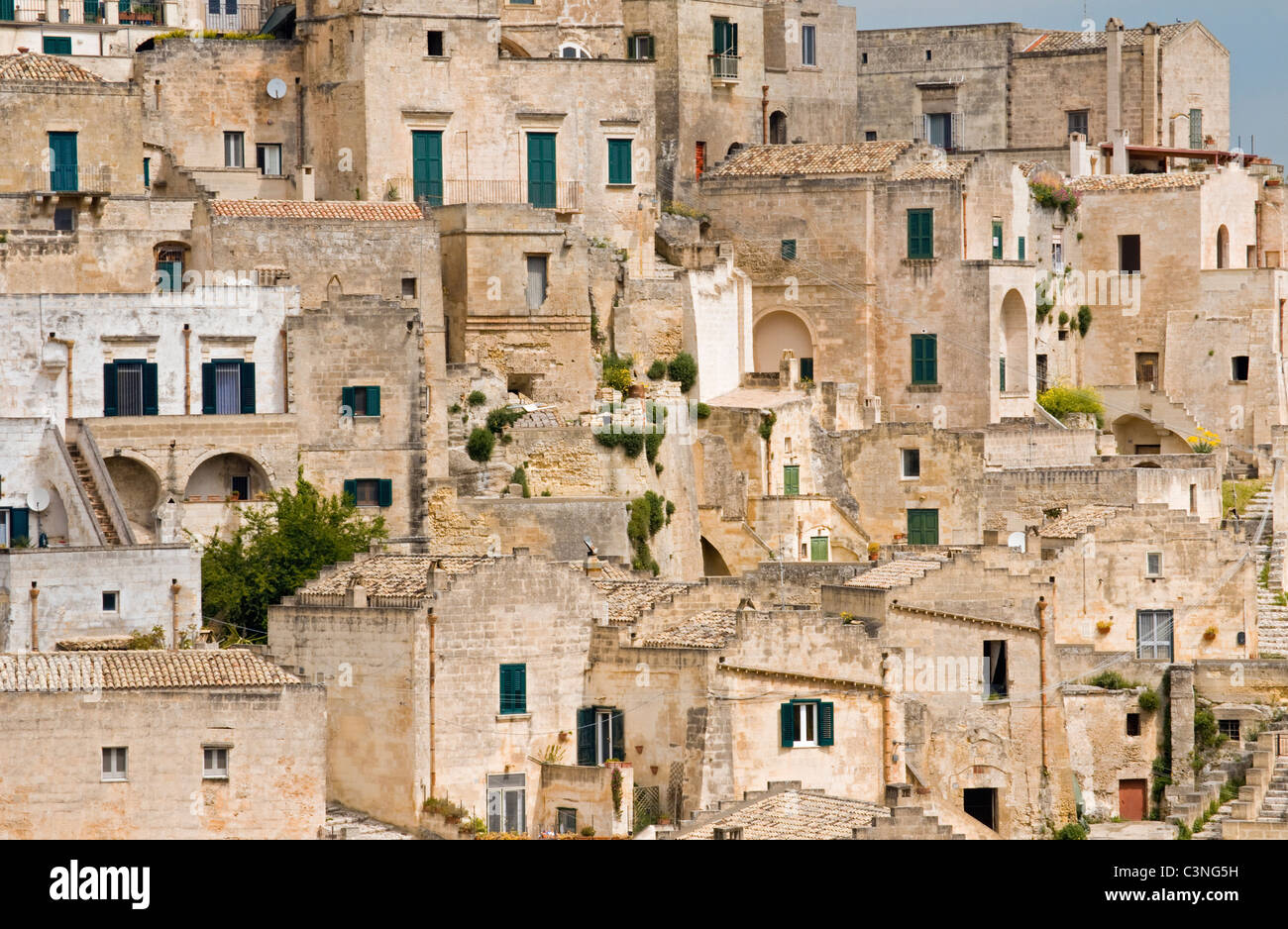 Nahaufnahme der Sassi di Matera, prähistorischen Höhle Häuser, Sasso Barisano, Matera, Basilikata, Süditalien Stockfoto