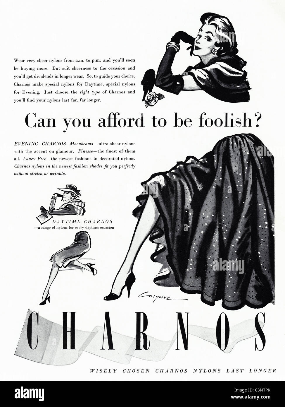 Original ganzseitige Anzeige im Mode-Magazin ca. 1955 für CHARNOS Nylons Damen Strümpfe Stockfoto
