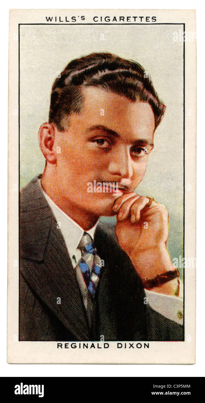 1934-Zigarette-Karte mit Porträt des britischen Organisten und Radio star Reginald Dixon, Organist an der Tower Ballroom, Blackpool Stockfoto