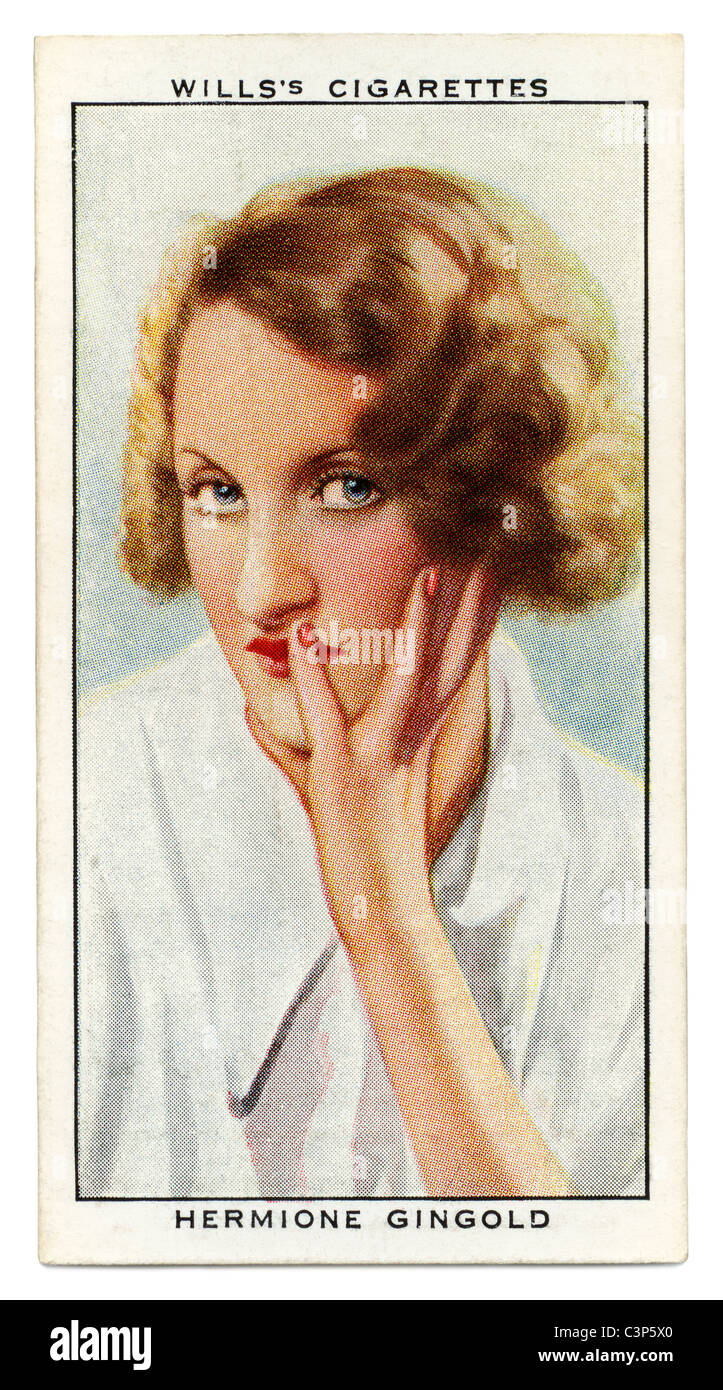 1934-Zigarette-Karte mit Porträt Bühnen- und Filmstars Hermione Gingold. Sie fand Ruhm in den USA in Musicals wie Gigi. Stockfoto