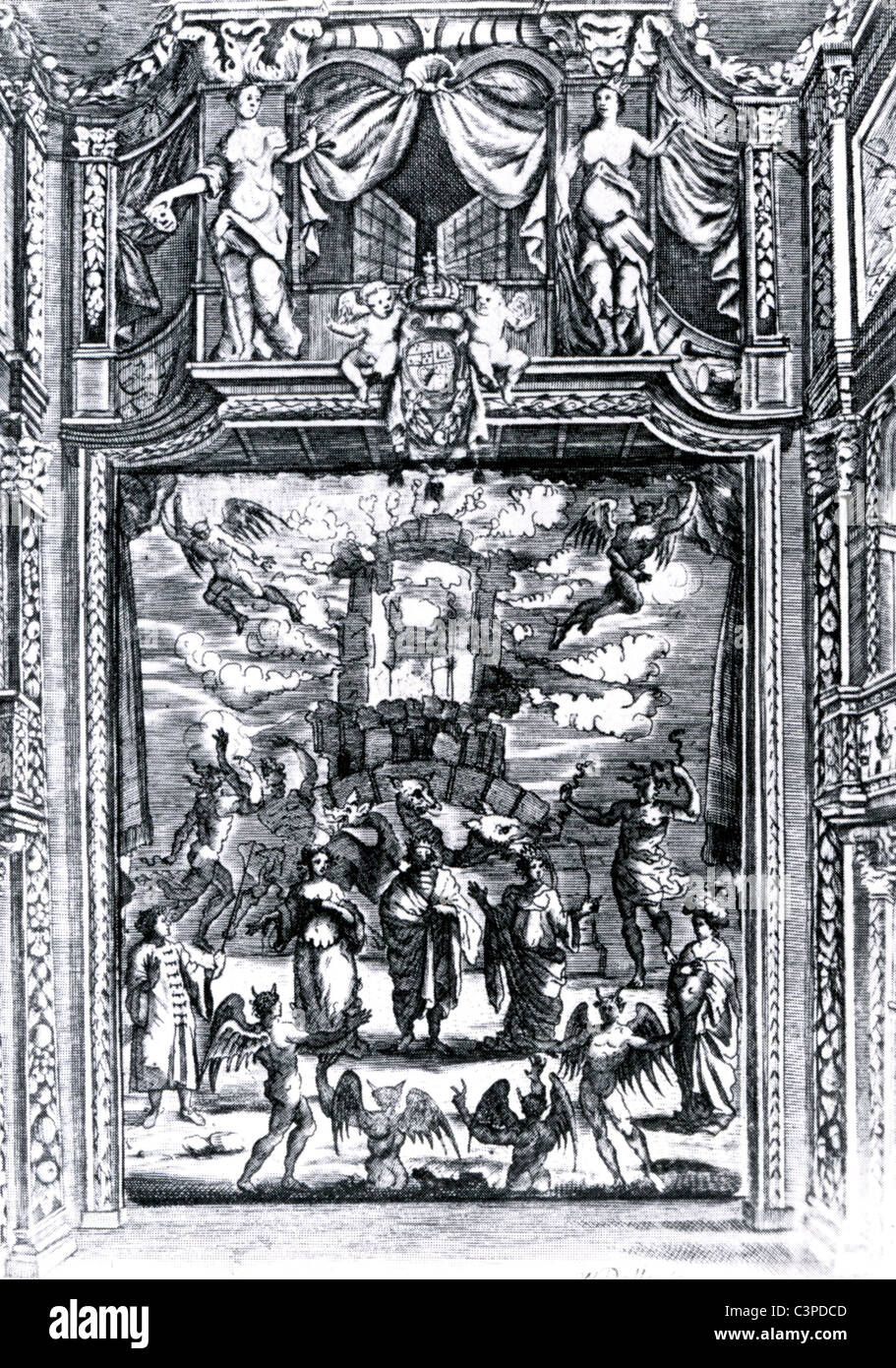 Restaurierung-Theater-Szene von der Kaiserin von Marokko durch Elkana Settle in der Duke of York Theatre, London, im Jahre 1673 Stockfoto