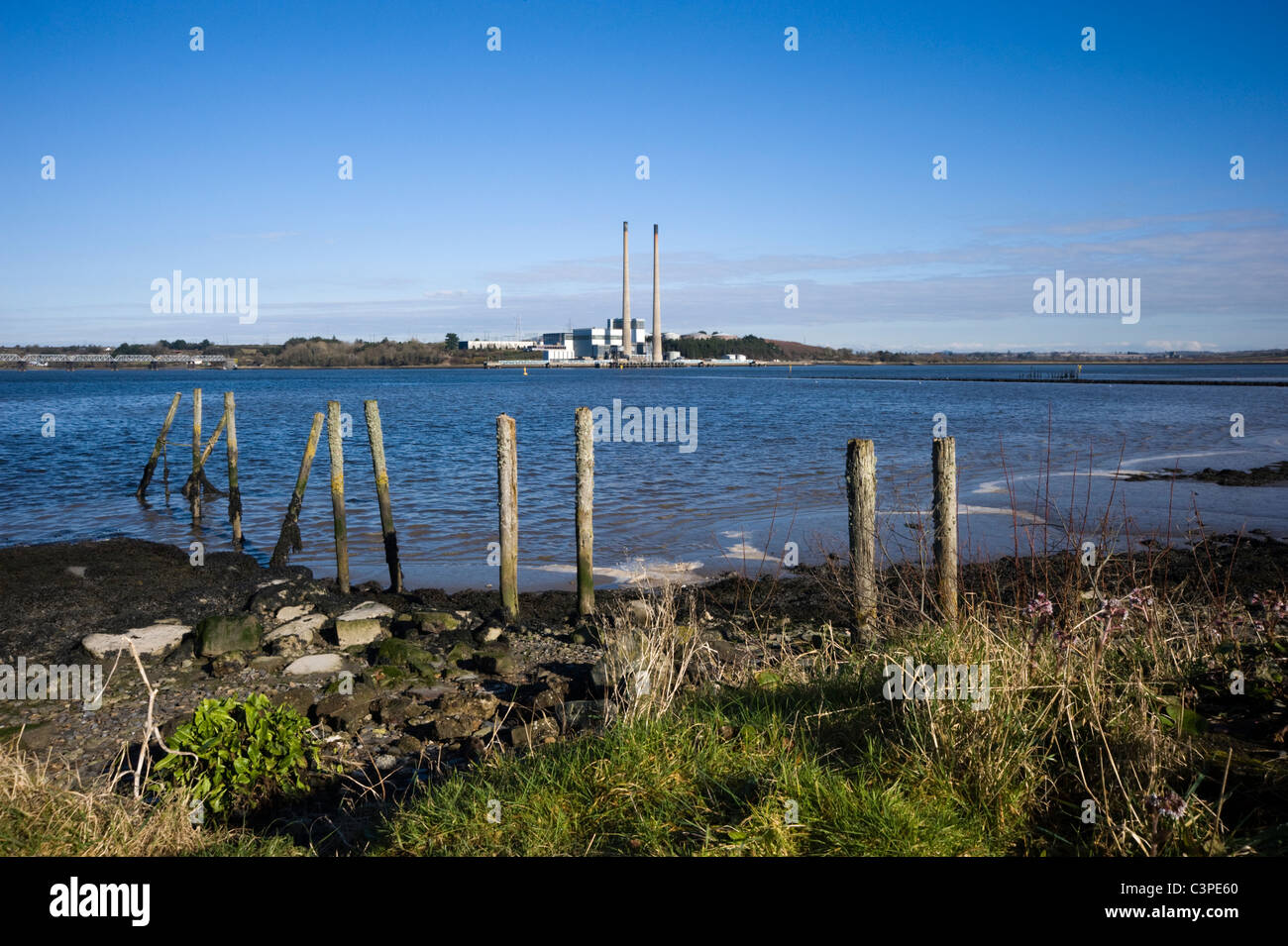 Blick vom Cheekpoint, Co. Waterford, hinüber zum großen Insel Kraftwerk, Co. Wexford, Irland Stockfoto
