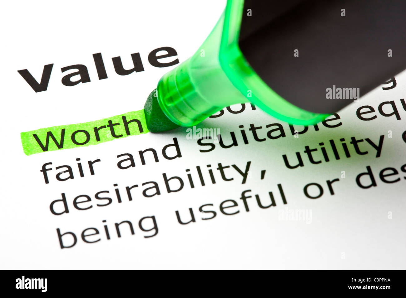 Das Wort Worth wird grün unter der Überschrift Wert hervorgehoben Stockfoto