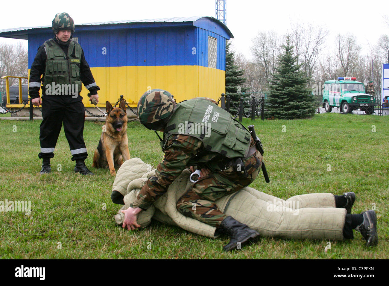 Ukrainische Grenze Garde-Offizier mit Hund an der russisch-ukrainischen Grenze, Goptivka Ukraine Stockfoto