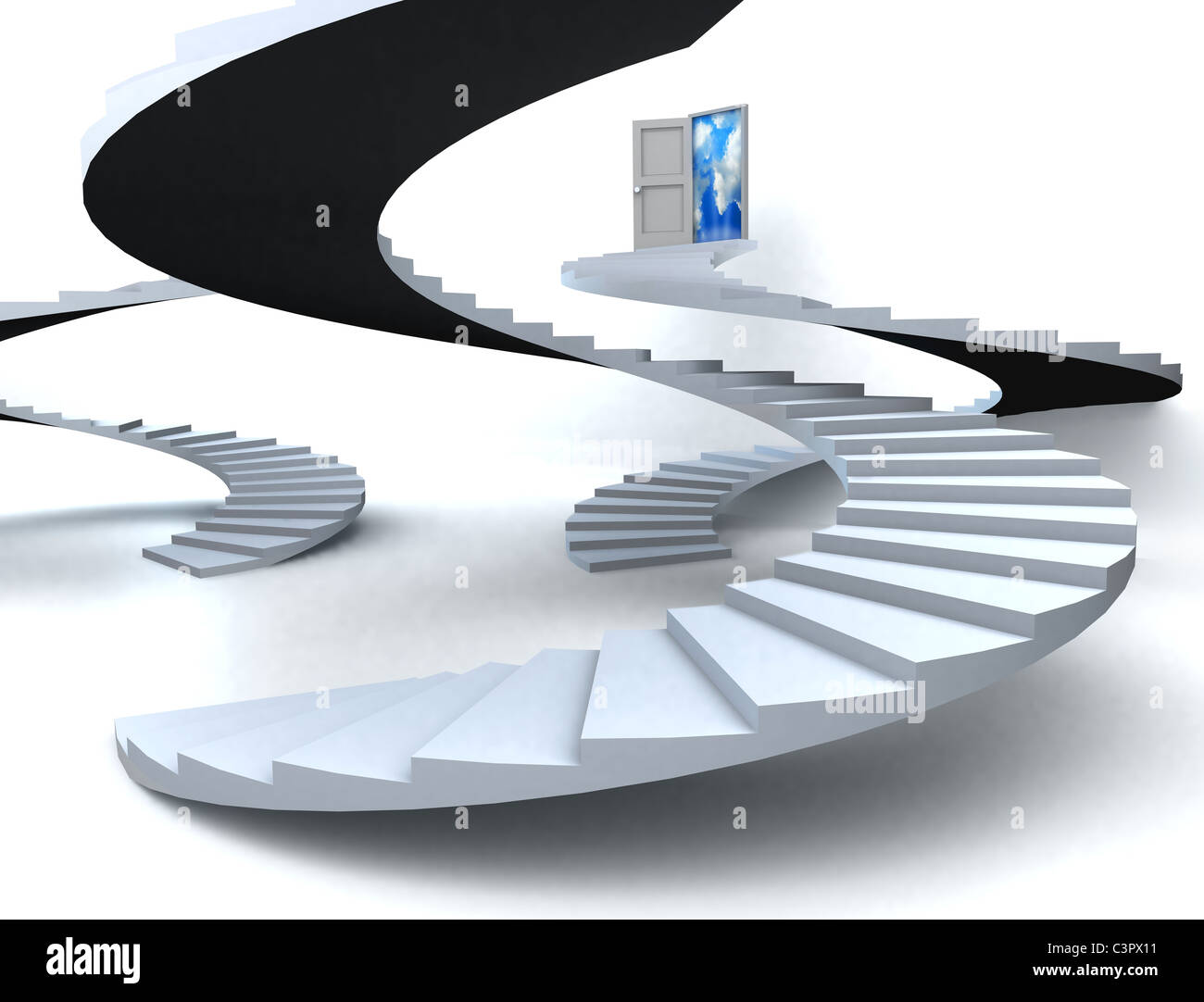 Verschiedene Treppen mit offener Tür zu einem halb bewölkten blauen Himmel. 3D illustration Stockfoto