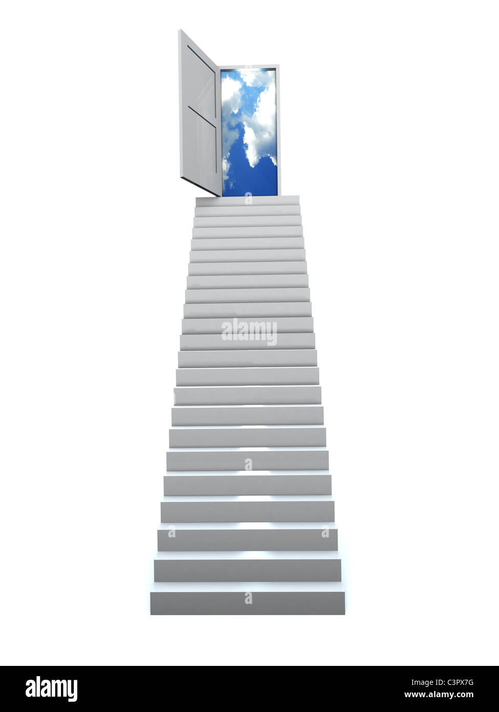 Treppe mit offener Tür zu einem halb bewölkten blauen Himmel. 3D illustration Stockfoto
