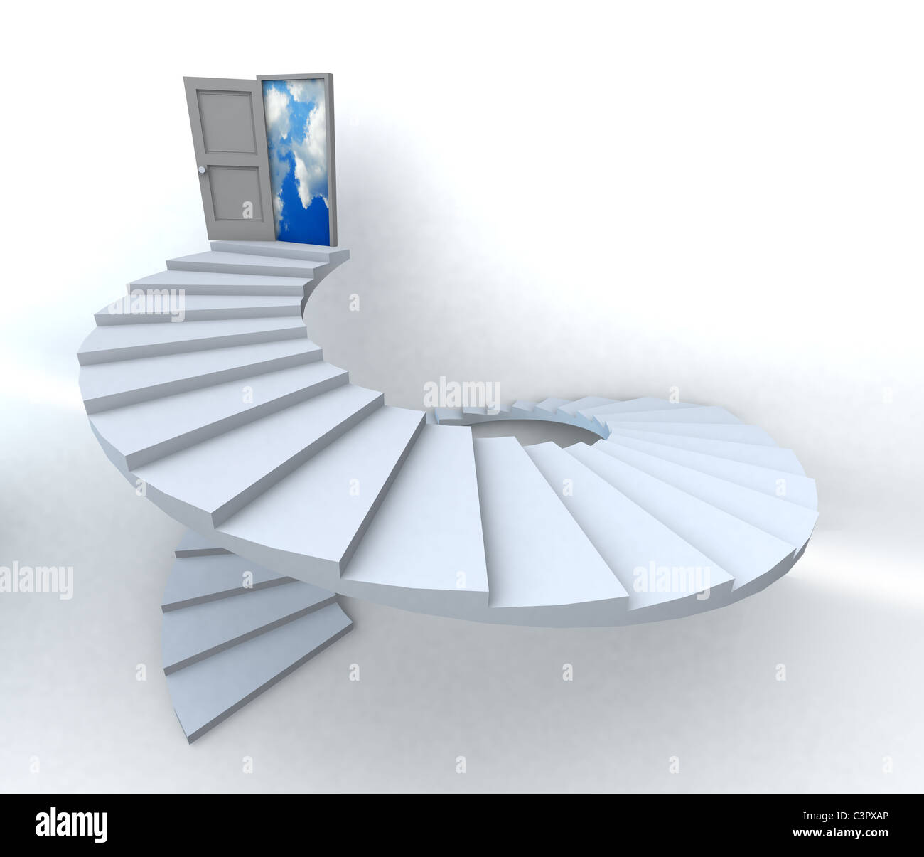 Treppe mit offener Tür zu einem halb bewölkten blauen Himmel. 3D illustration Stockfoto