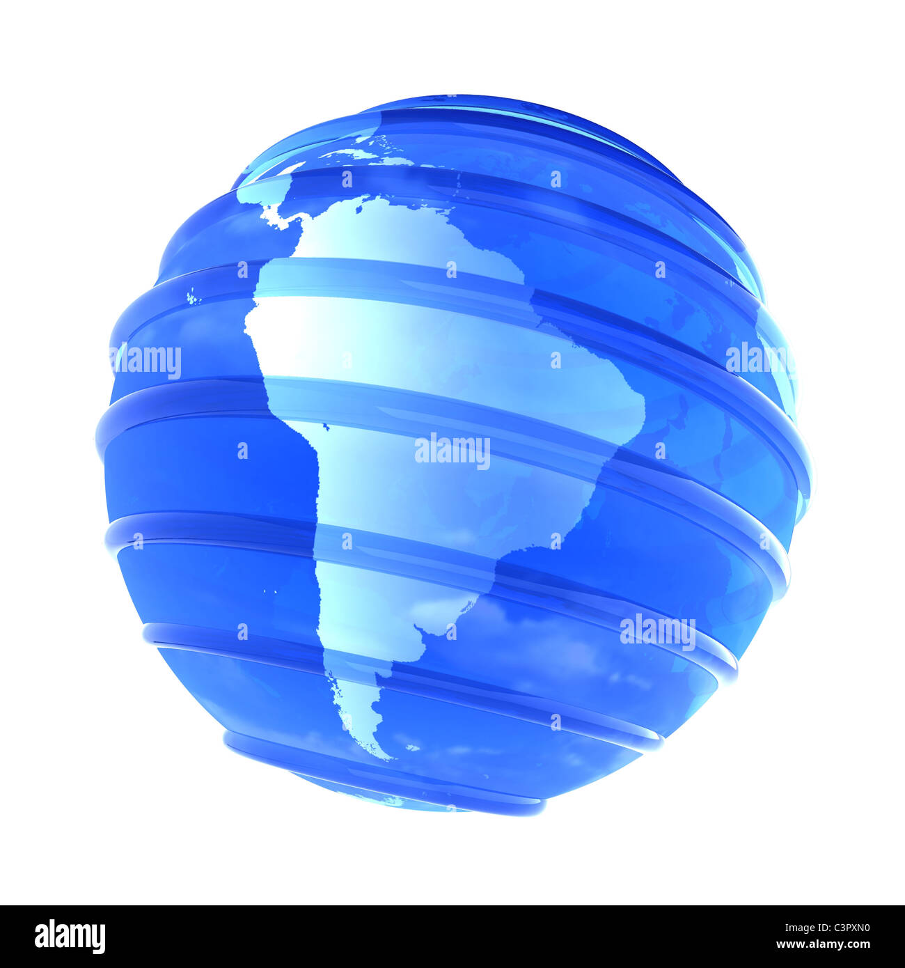 Blaue glasig transparent Planet Erde mit parallelen Linien. 3D-Objekt konzentrierte sich in Südamerika auf weißem Hintergrund. Stockfoto