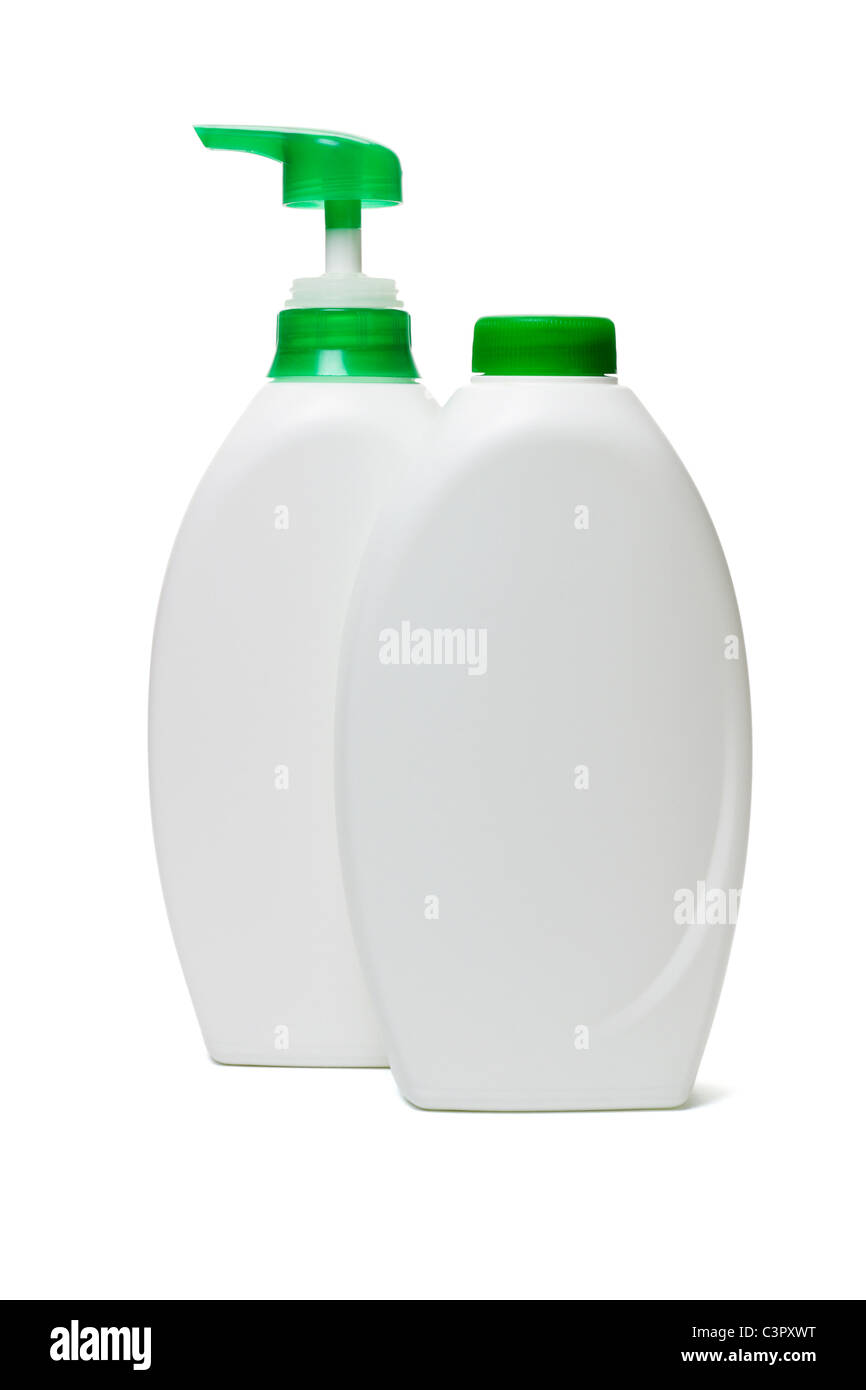 Kunststoff-Flaschen von Flüssigseife auf weißem Hintergrund Stockfoto
