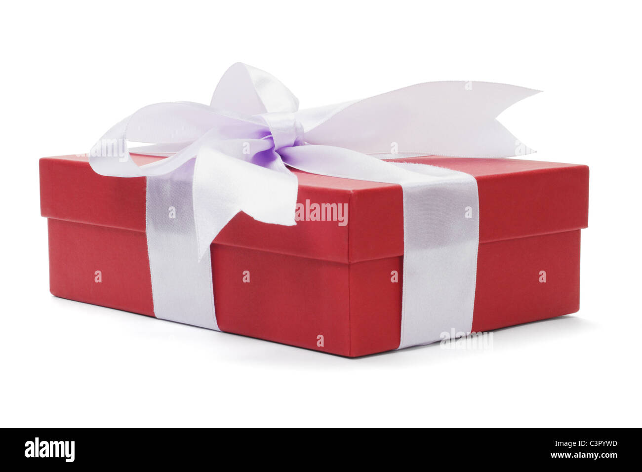Roten Geschenkbox mit Schleife Band auf weißem Hintergrund Stockfoto
