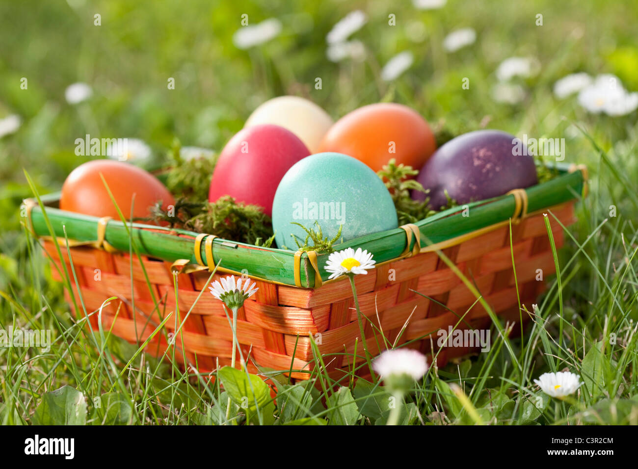 Deutschland, Niederbayern, Ostereier im Korb auf dem Rasen Stockfoto