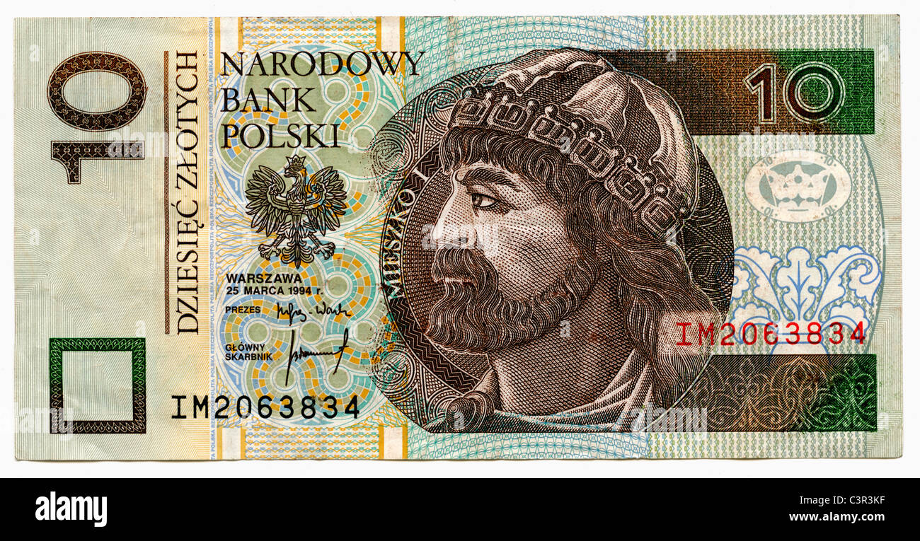 Vorderseite des 10-Zloty-Bill vor weißem Hintergrund Stockfoto
