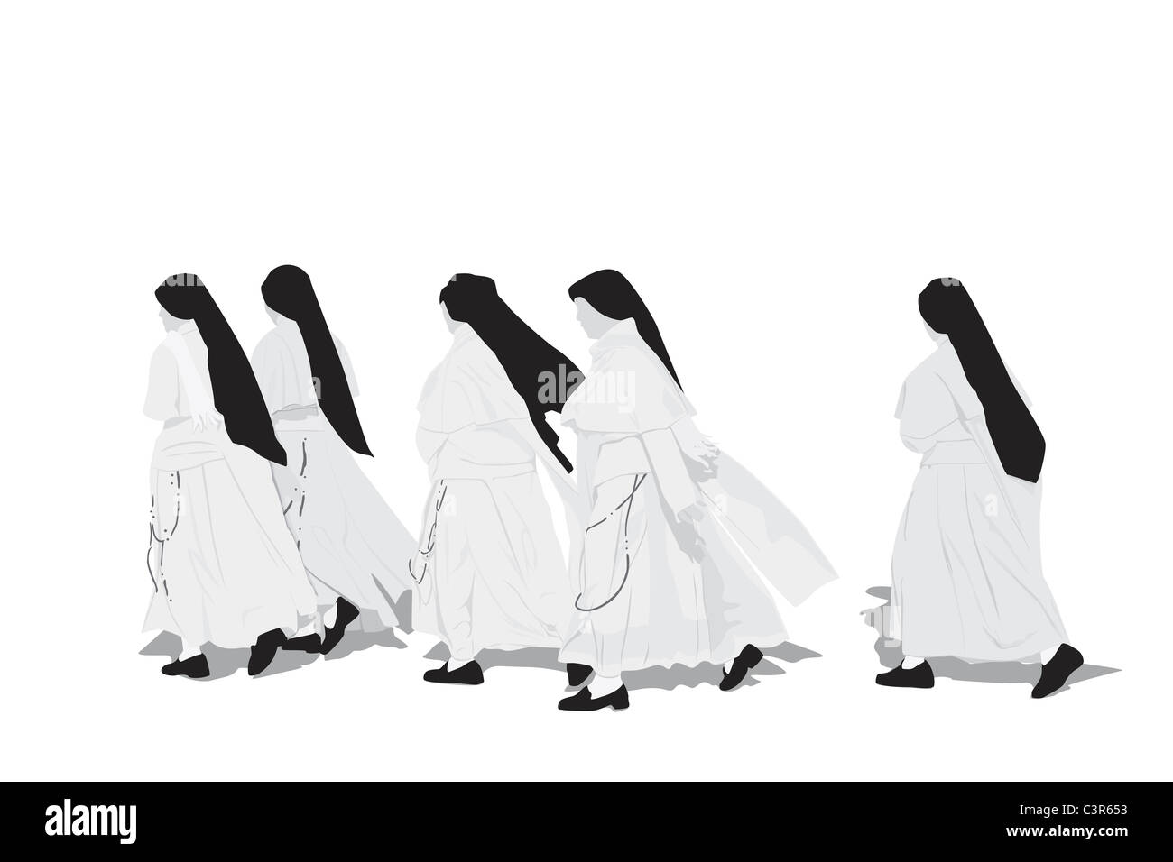 fünf Nonnen zu Fuß Stockfoto