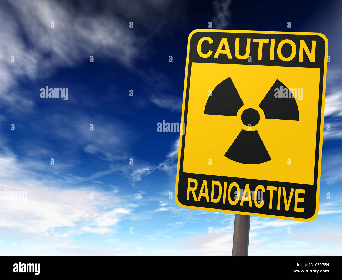 Radioaktivität Zeichen gegen den blauen Himmel mit Wolken, Vorsicht radioaktiv, 3d Render Stockfoto