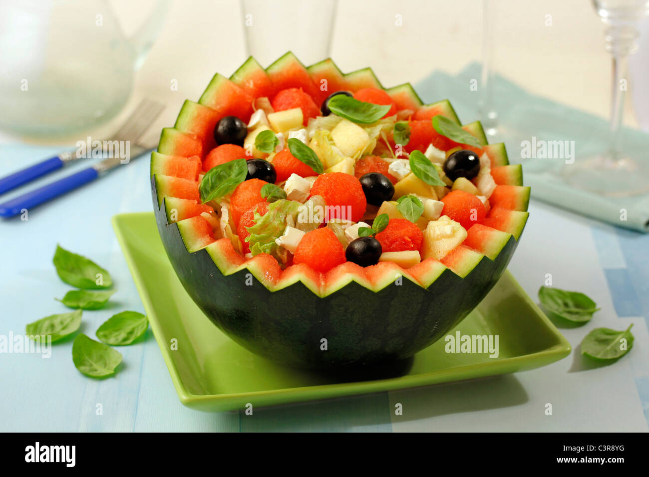 Wassermelonen-Salat. Rezept zur Verfügung. Stockfoto