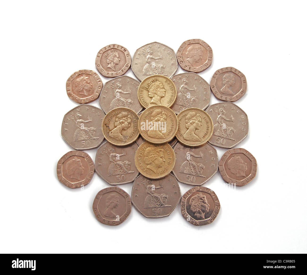 Britisch, UK, Münzen auf einem weißen Hintergrund. Stockfoto