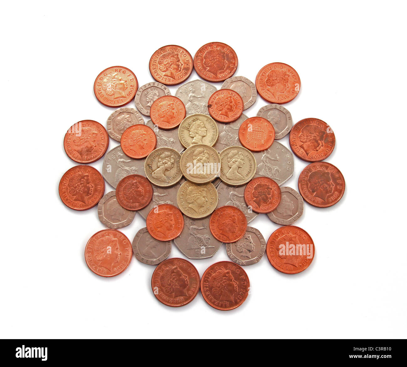 Britisch, UK, Münzen auf einem weißen Hintergrund. Stockfoto
