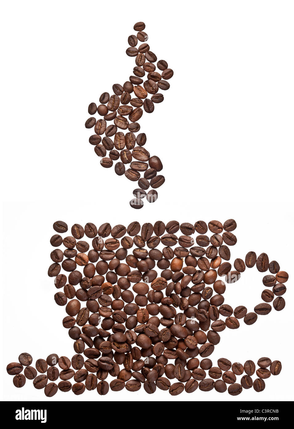Kaffeebohnen in Form von Kaffee und Dampf. Stockfoto