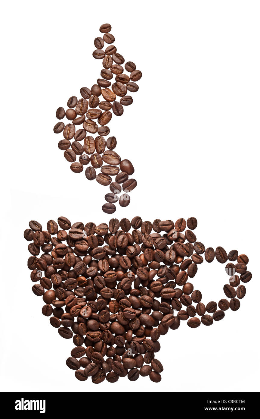 Kaffeebohnen in Form von Kaffee und Dampf. Stockfoto