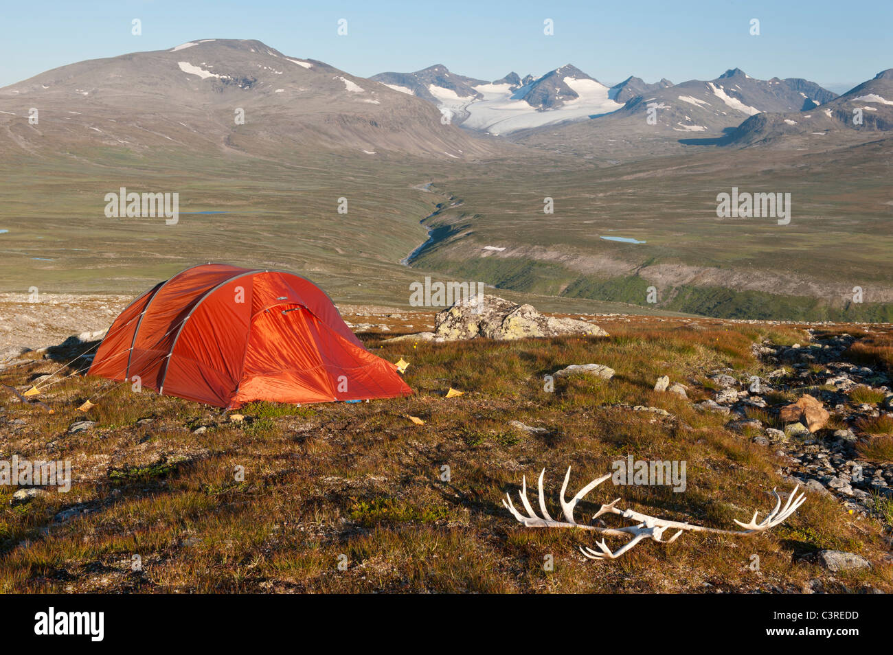 Schweden, Lappland, Sarek Nationalpark, Blick auf Campingplatz im Vadvetjakka Nationalpark Stockfoto