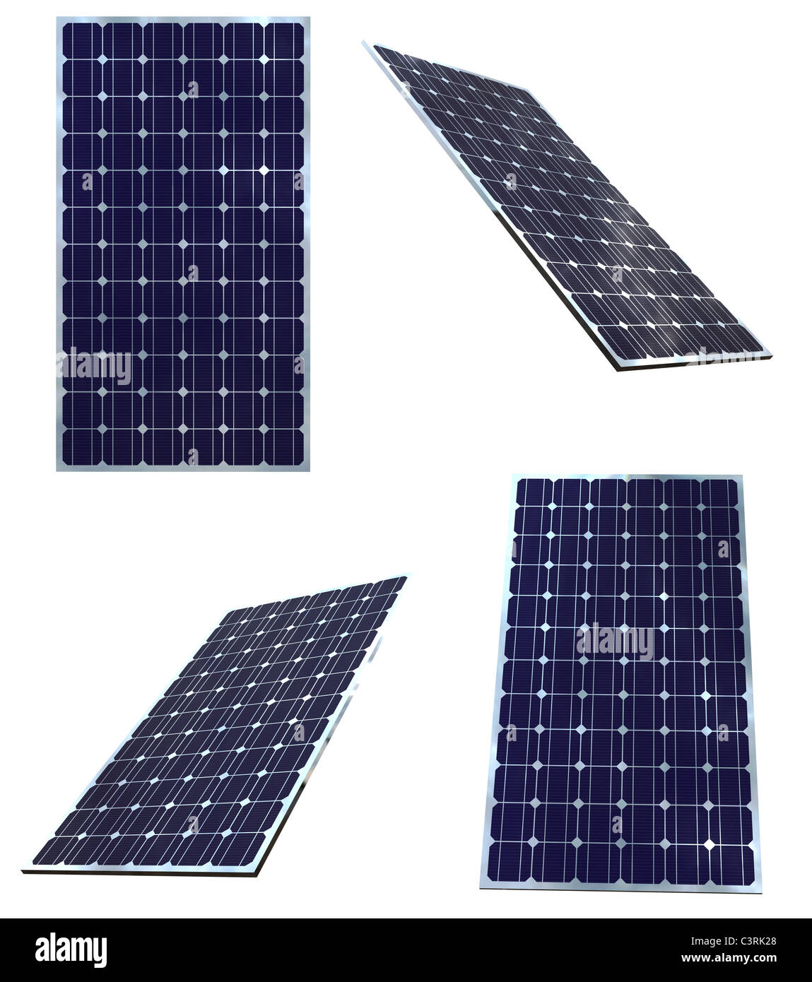 Blaue Sonnenkollektoren in verschiedenen Positionen isoliert auf weißem Hintergrund Stockfoto